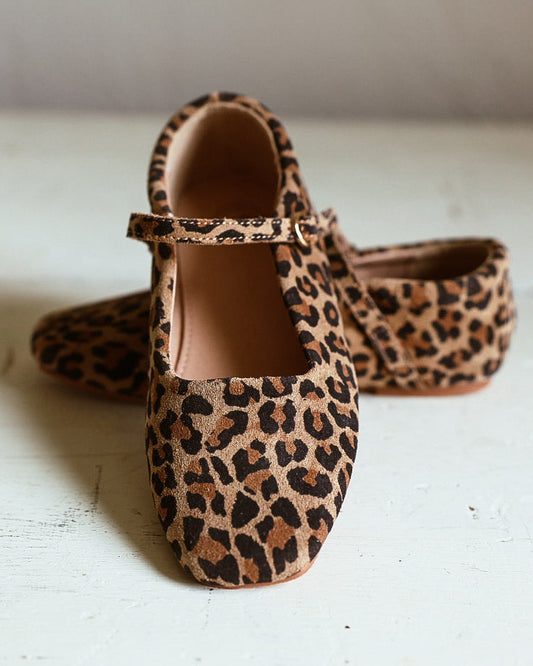Pair of leopard suede mary janes with gold buckle closure
