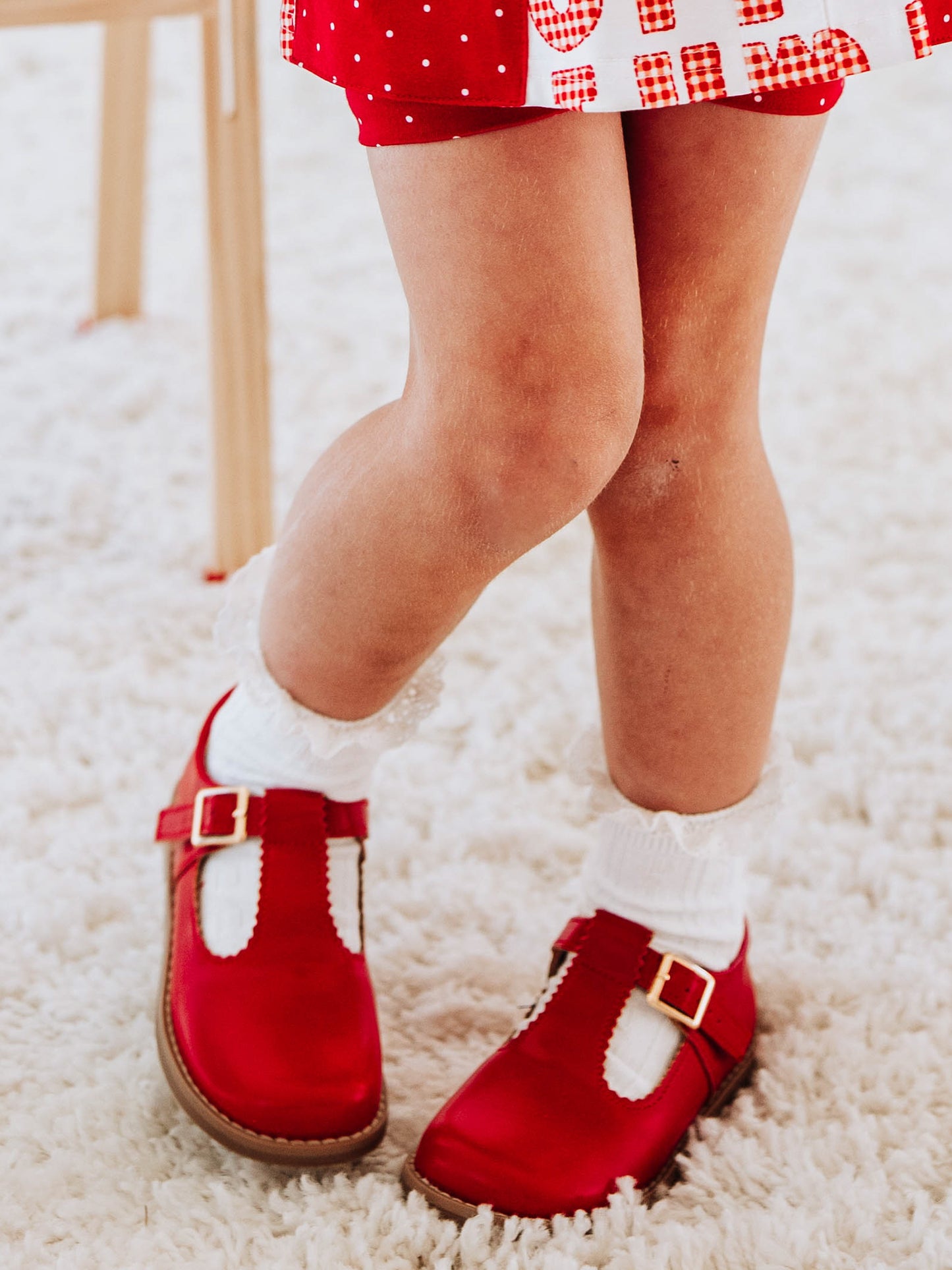 Scalloped T-Strap Mary Jane - Red