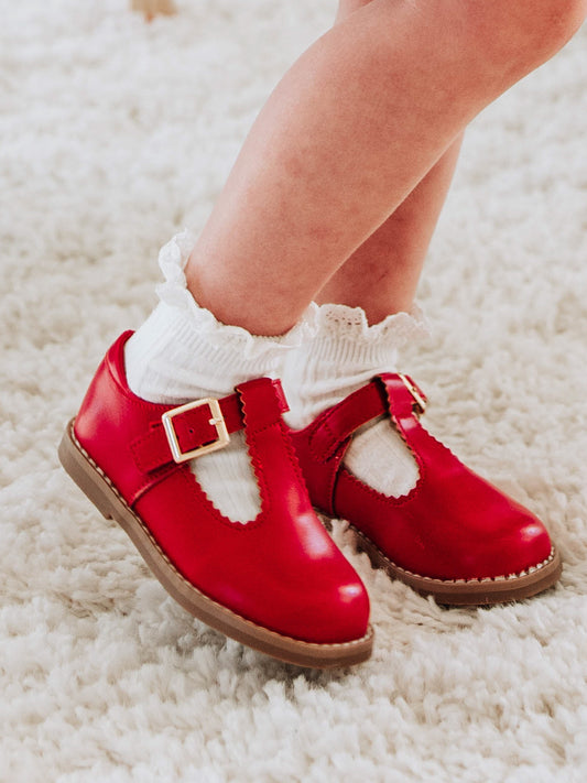 Scalloped T-Strap Mary Jane - Red