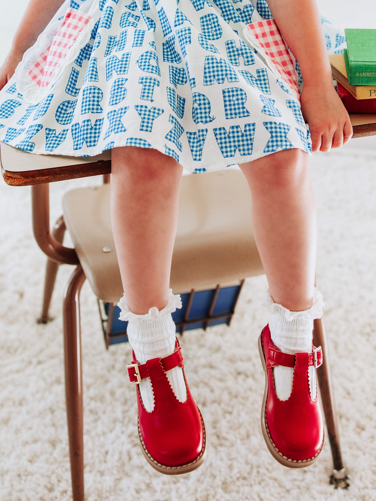 Scalloped T-Strap Mary Jane - Red