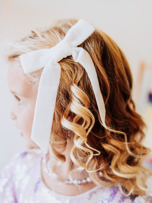 Small Long Tail Velvet Bow - White