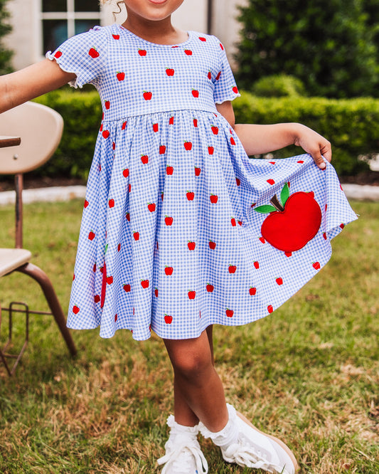 Ribbed Knit Dress - Apple Gingham Blue