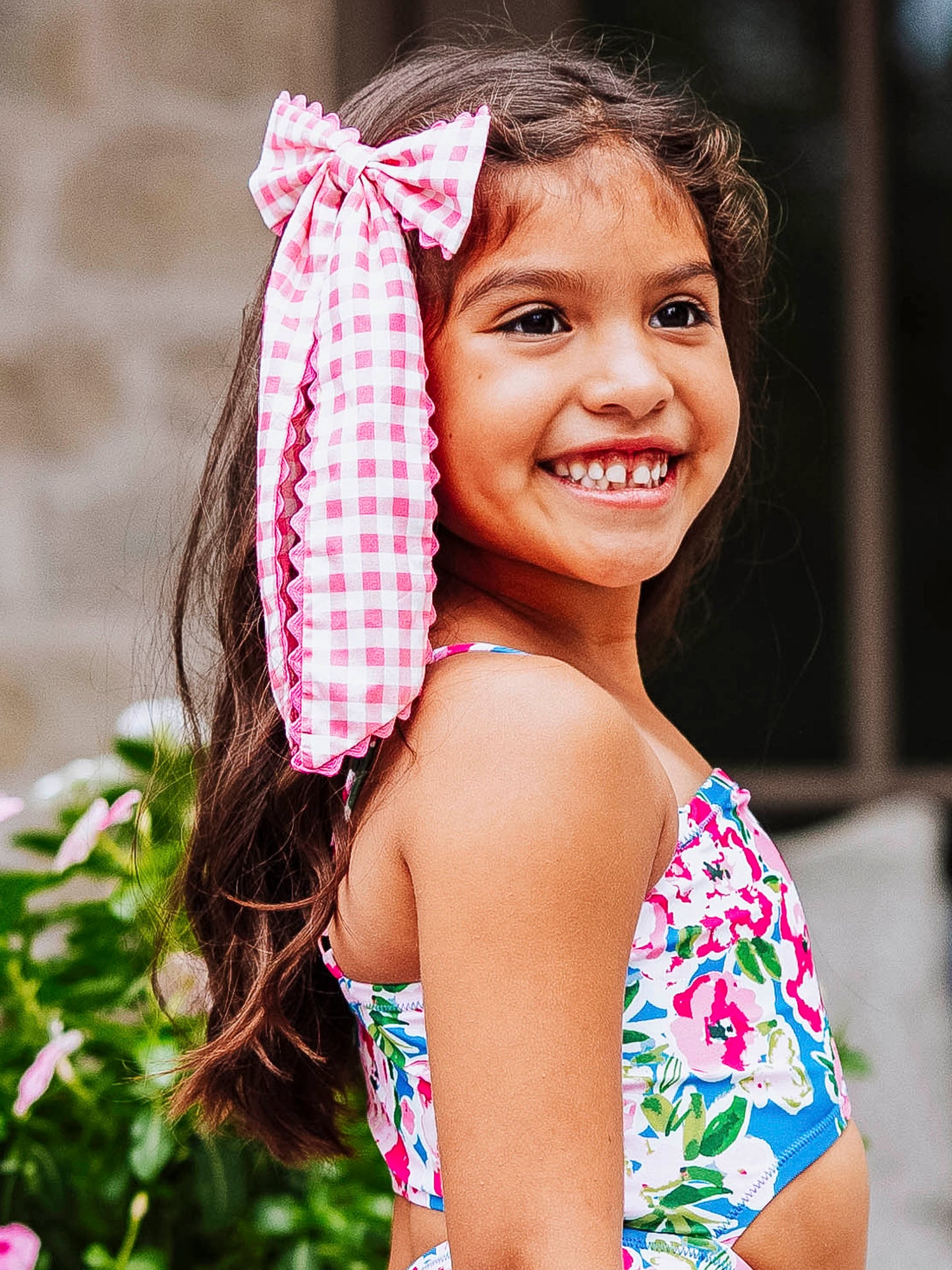 Large Long Tail Bow - Bright Pink Gingham