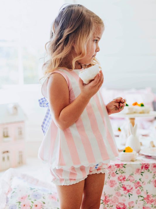 Vintage Bow Playsuit - Pink Stripe