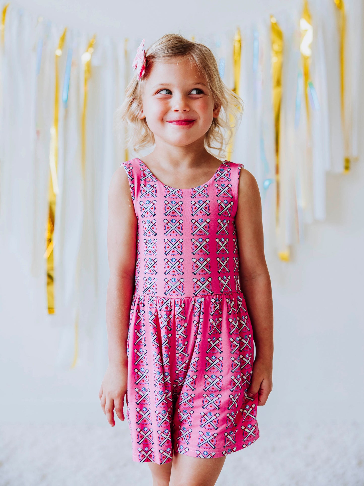 Short Leggy Romper - Baseball Bats Pink