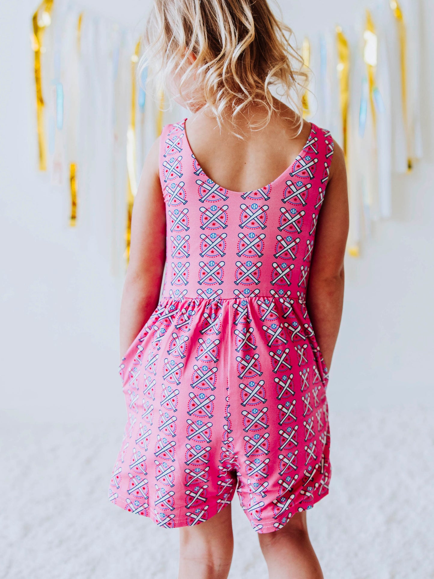 Short Leggy Romper - Baseball Bats Pink