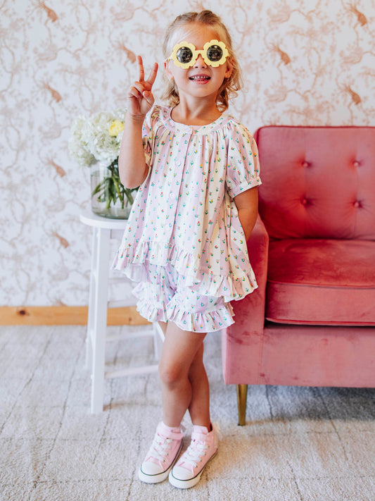 Flowy Ruffled Button Set - Floral Drop Stripe