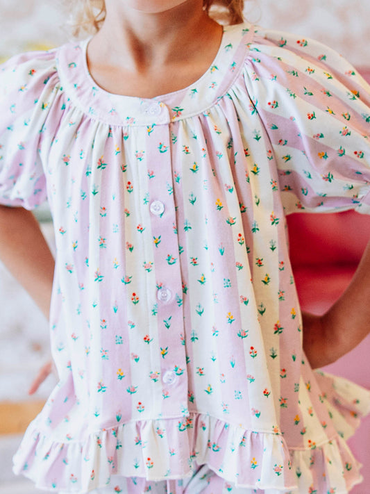 Flowy Ruffled Button Set - Floral Drop Stripe