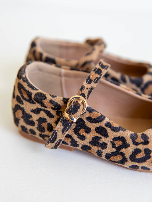 Pair of leopard suede mary janes with gold buckle closure