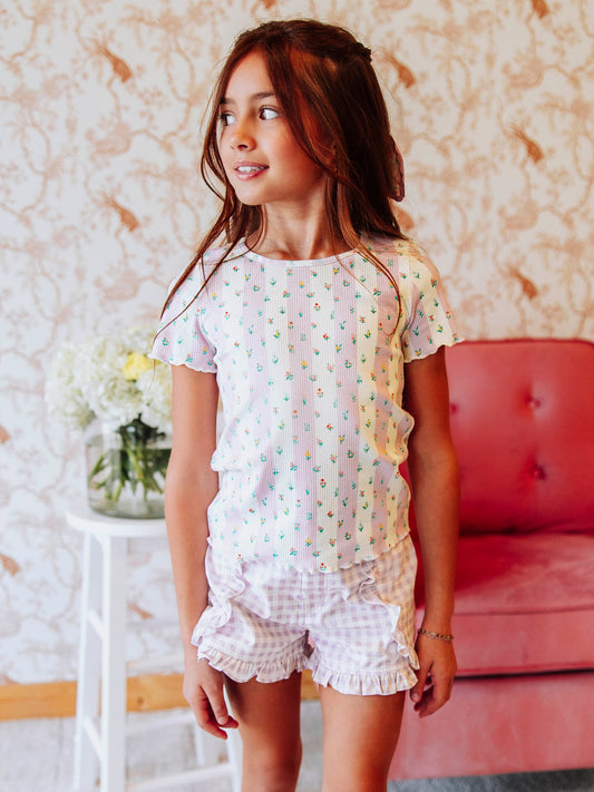 Frilled Sleeve Shirt - Floral Drop Stripe