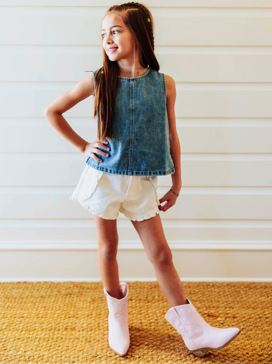 Ruffled Denim Shorts - White