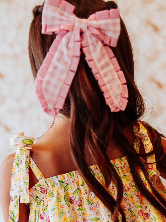 Small Long Tail Bow - Pink Gingham