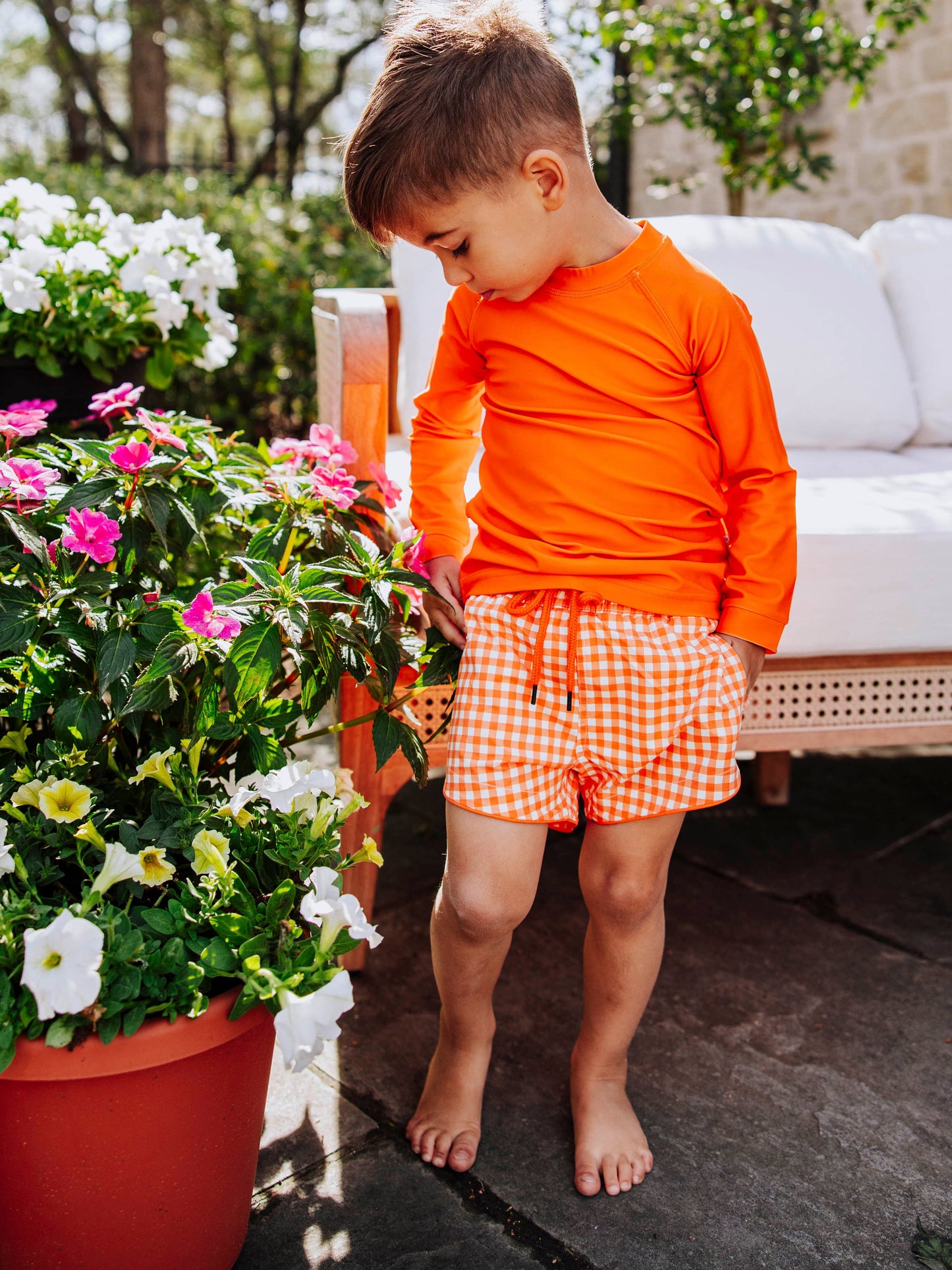 Boy's Swim Trunks - Orange Crush Gingham