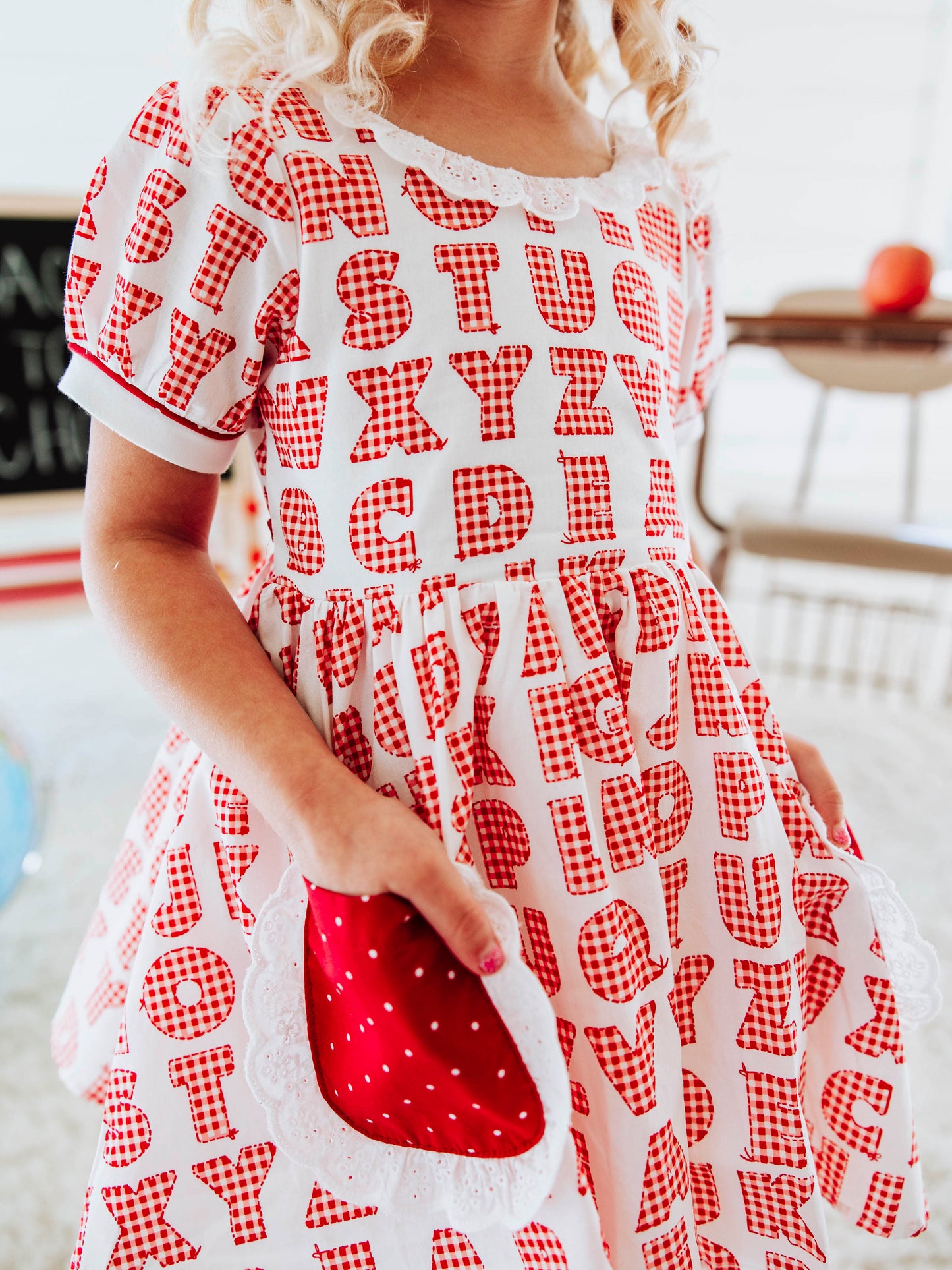 Ruffled Pocket Tunic Set - Alphabet Check Red