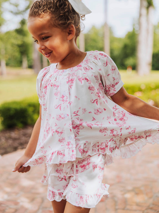 Flowy Ruffled Button Set - Falling Pink Petals