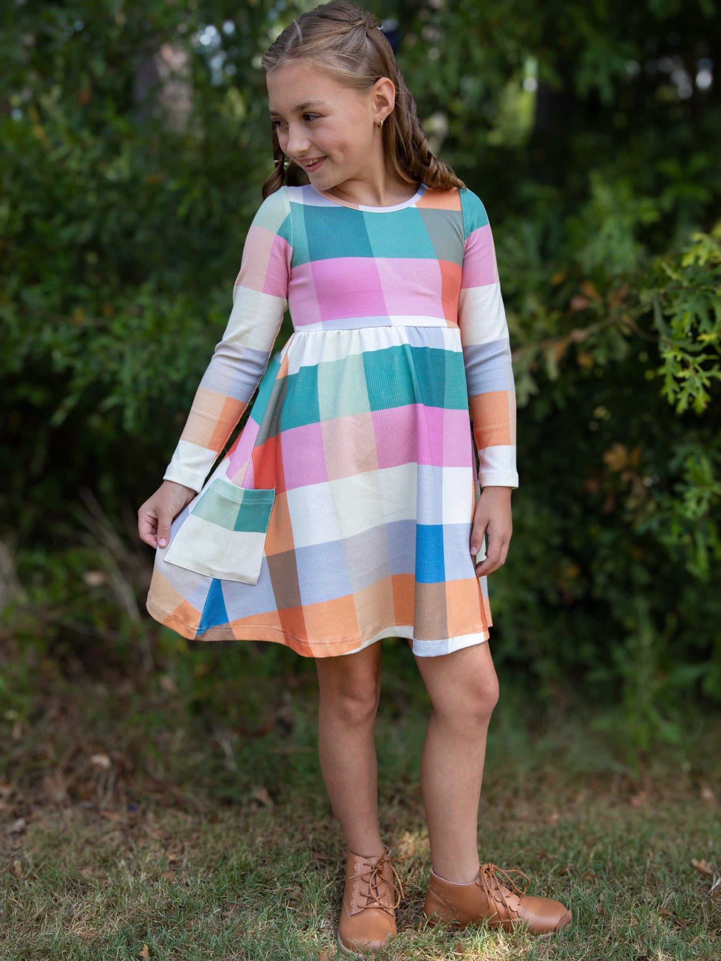 Fitted Ribbed Dress - Fall Nights Plaid