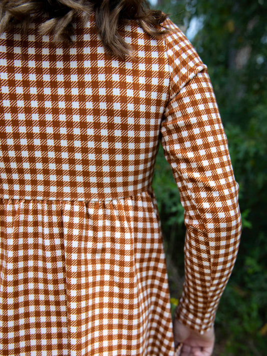 Fitted Ribbed Dress - Brown Check