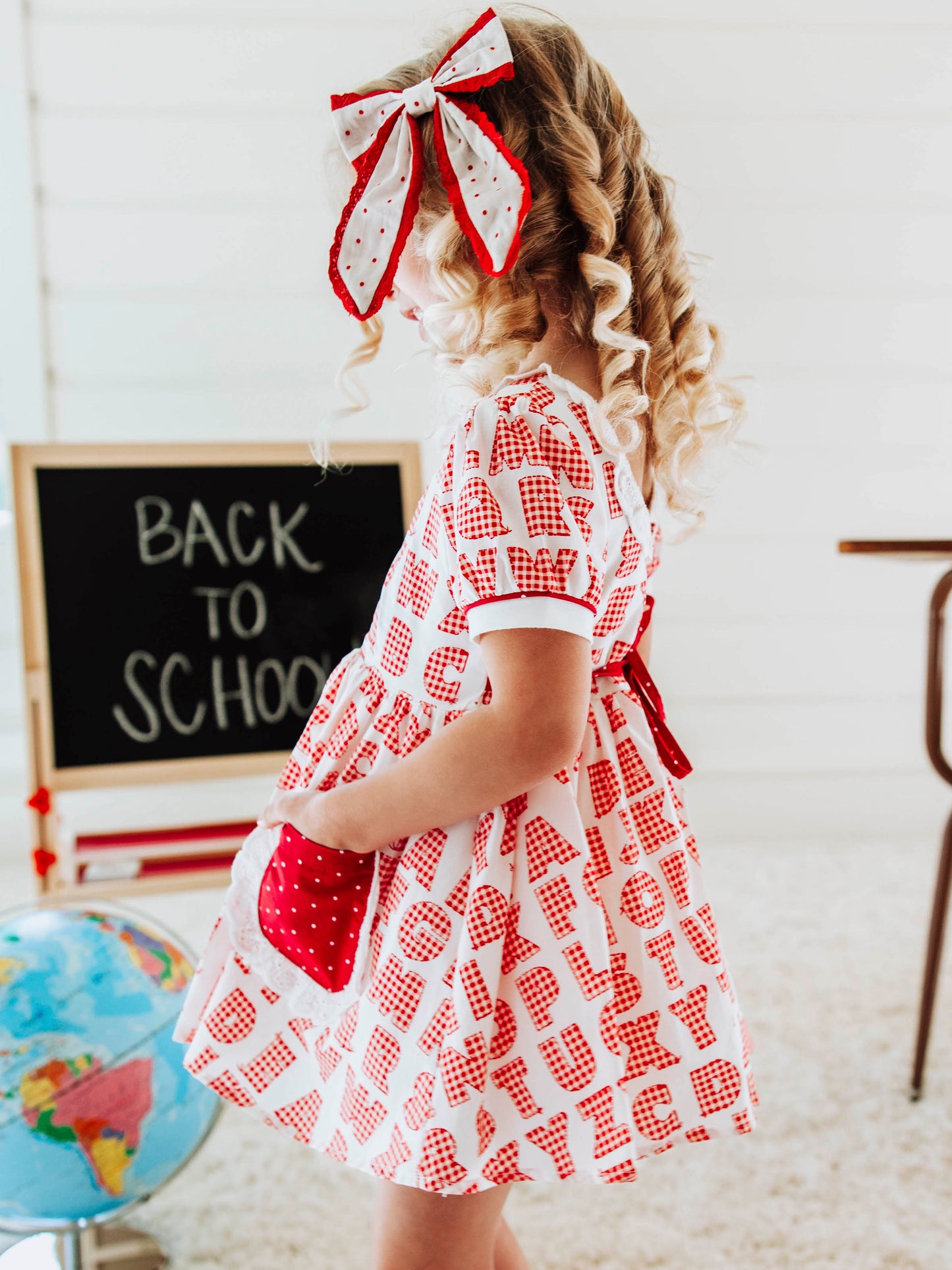 Ruffled Pocket Tunic Set - Alphabet Check Red