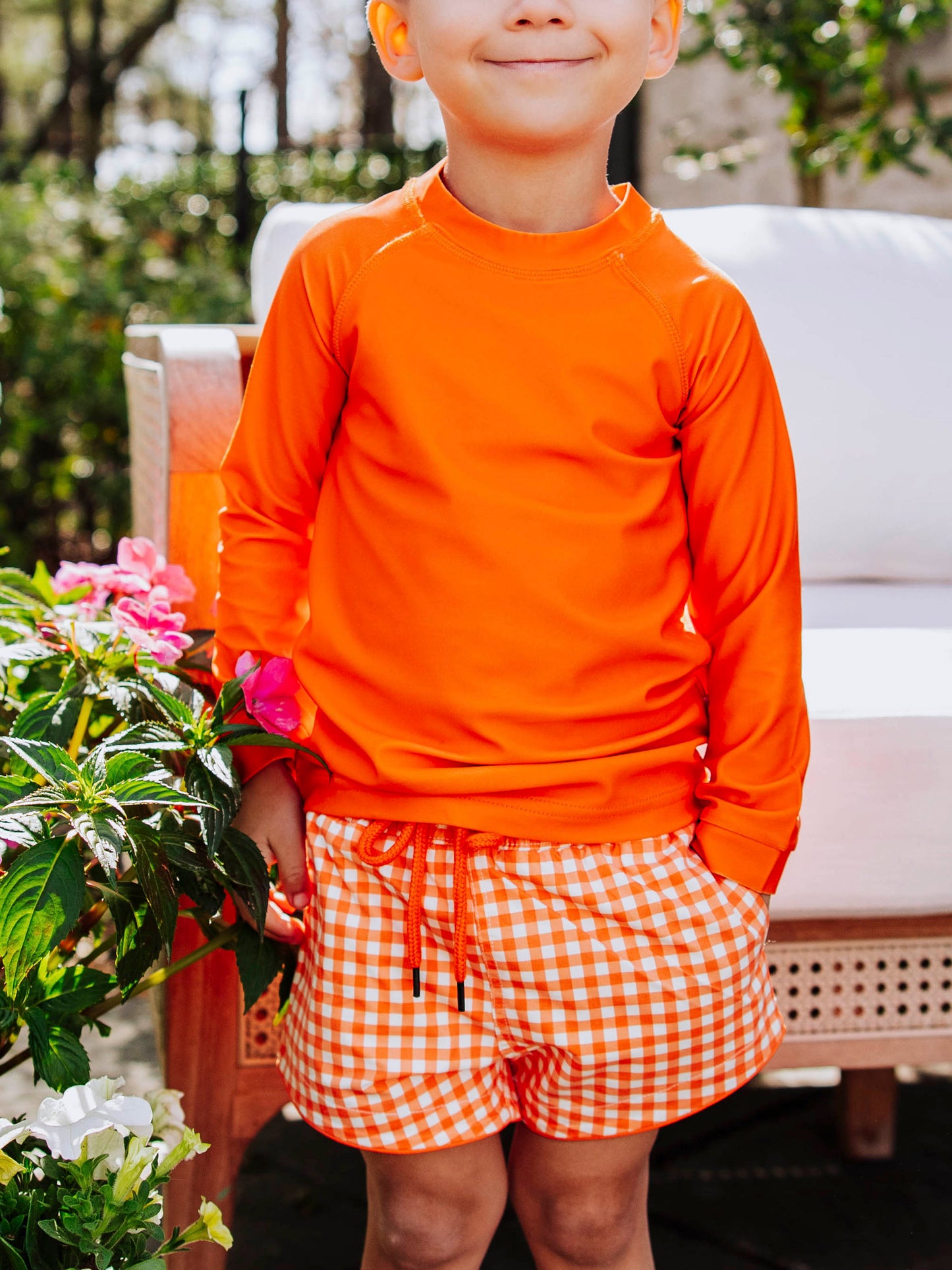 Boy's Swim Trunks - Orange Crush Gingham