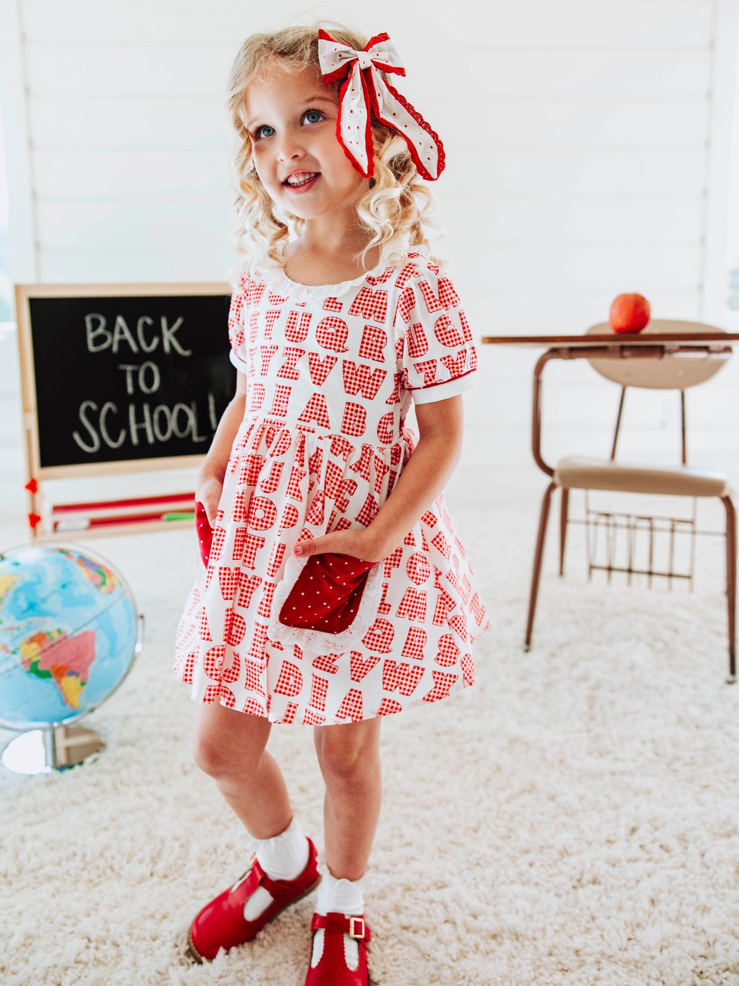 Ruffled Pocket Tunic Set - Alphabet Check Red