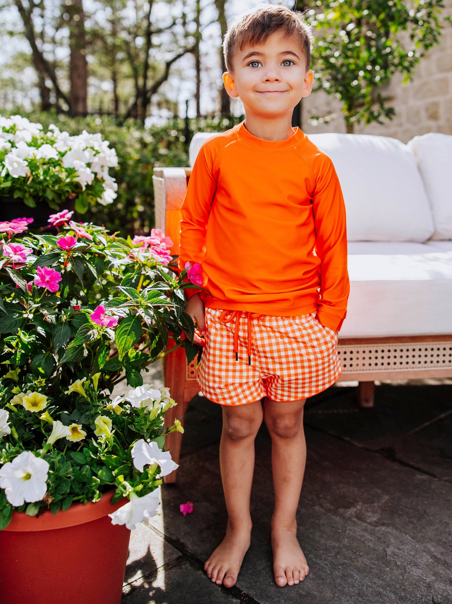 Boy's Swim Trunks - Orange Crush Gingham