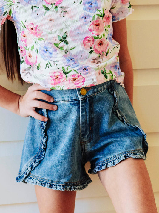 Ruffled Denim Shorts - Vintage Wash
