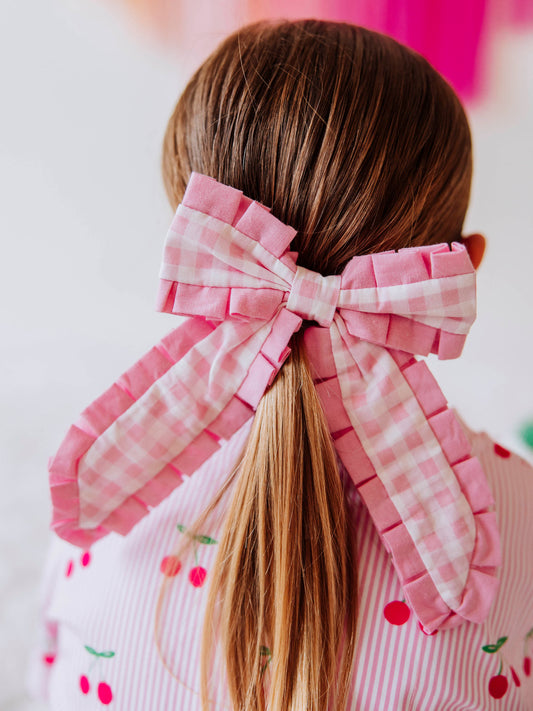 Small Long Tail Bow - Pink Gingham