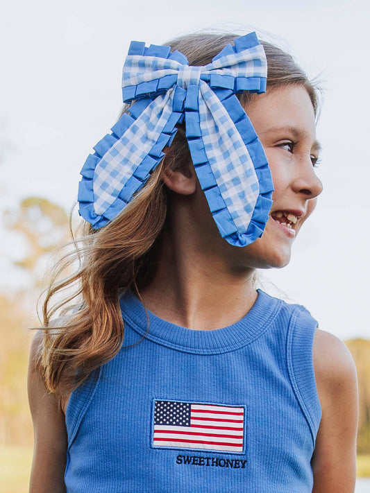 Small Long Tail Bow - Blue Check