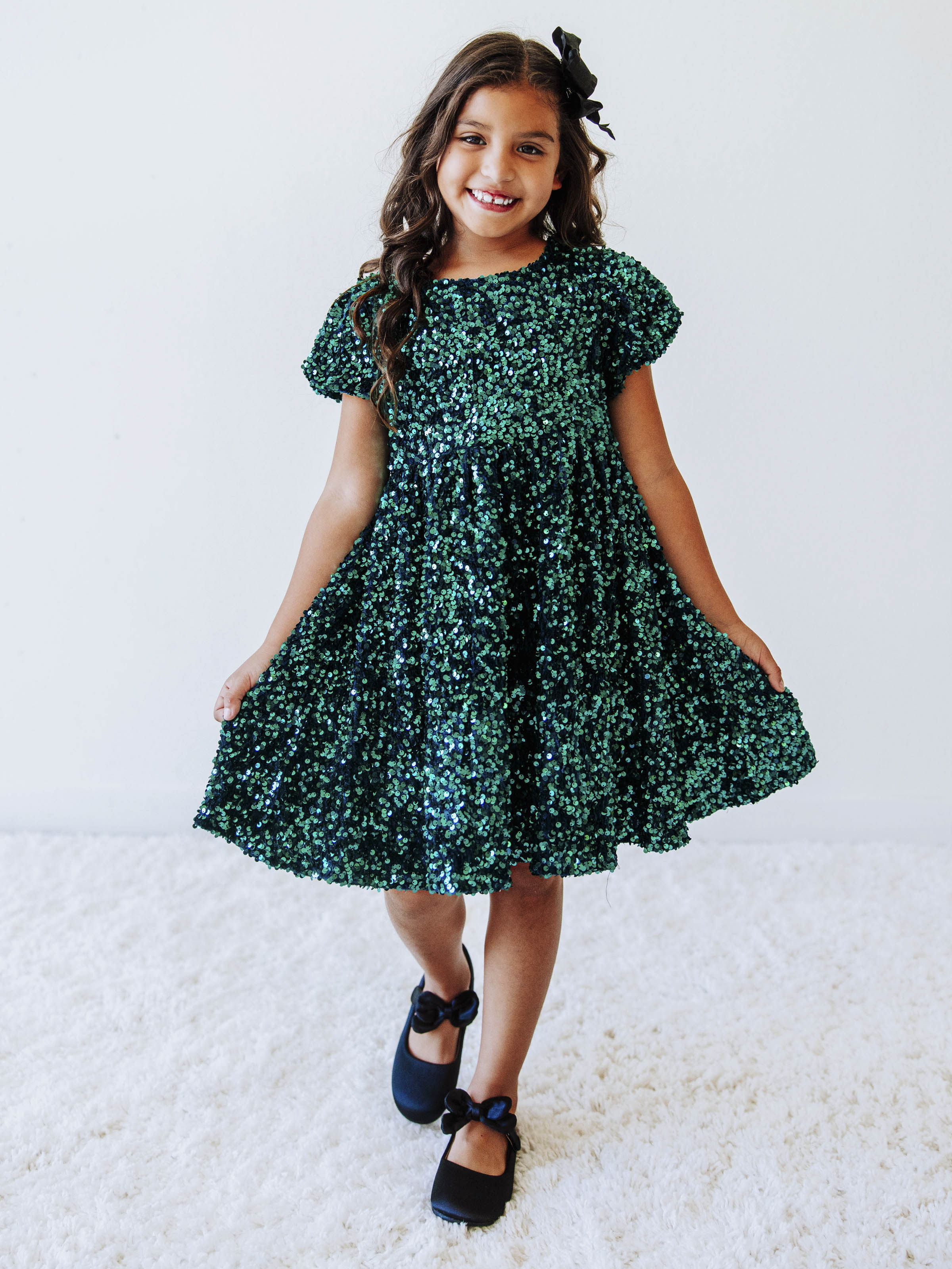 girls green sequin dress - Emerald Black/Nude