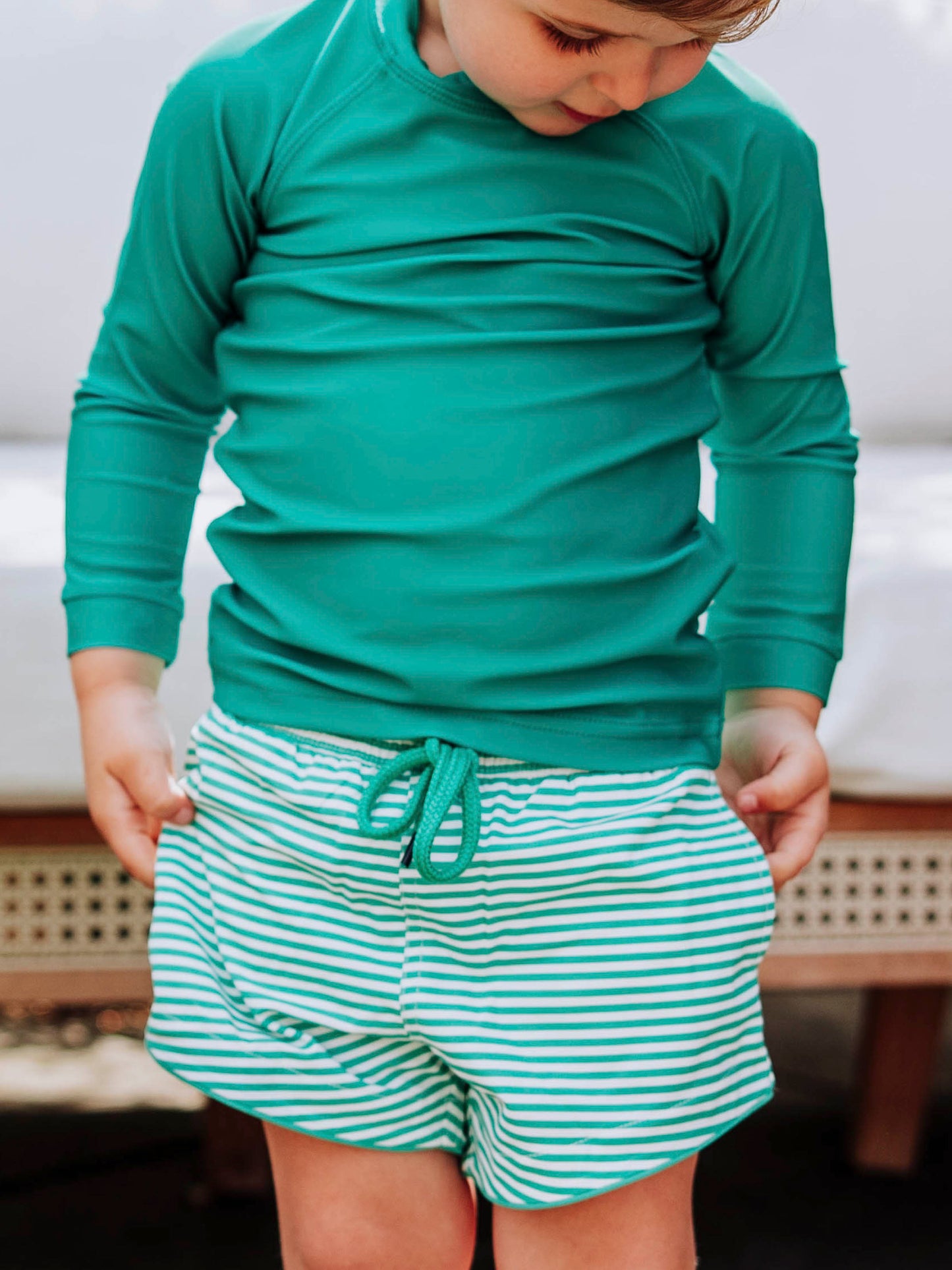 Boy's Swim Trunks - Green Stripe