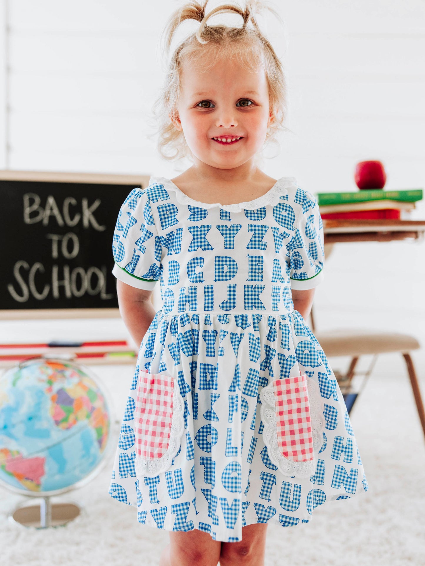 Ruffled Pocket Tunic Set - Alphabet Check Blue