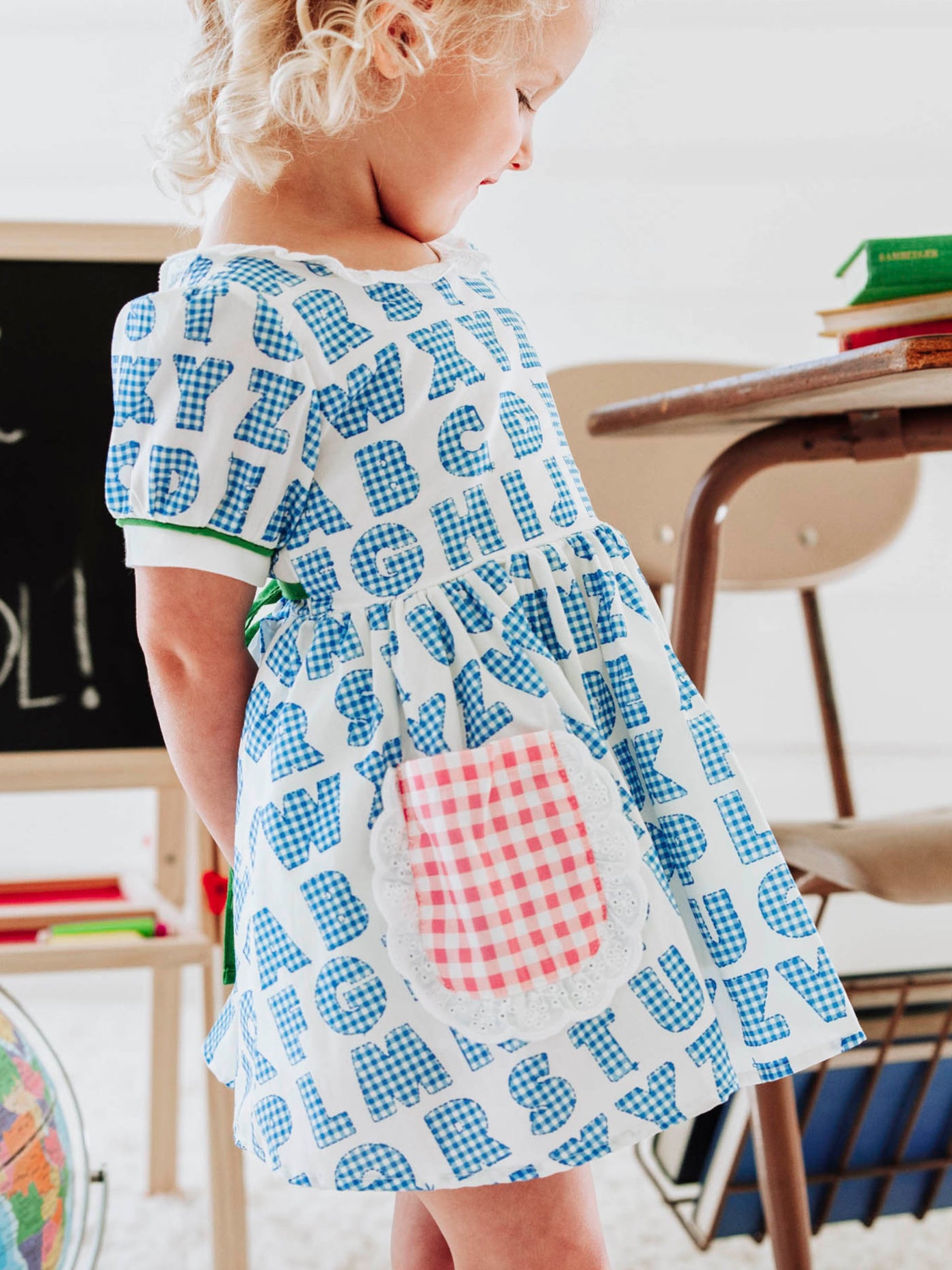 Ruffled Pocket Tunic Set - Alphabet Check Blue