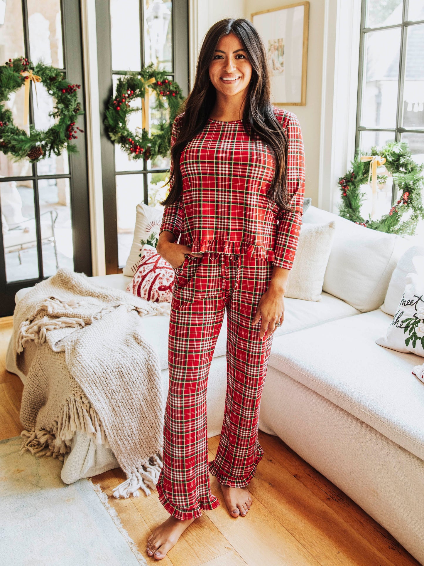 Women's Ruffled Pant Set - Merry Plaid