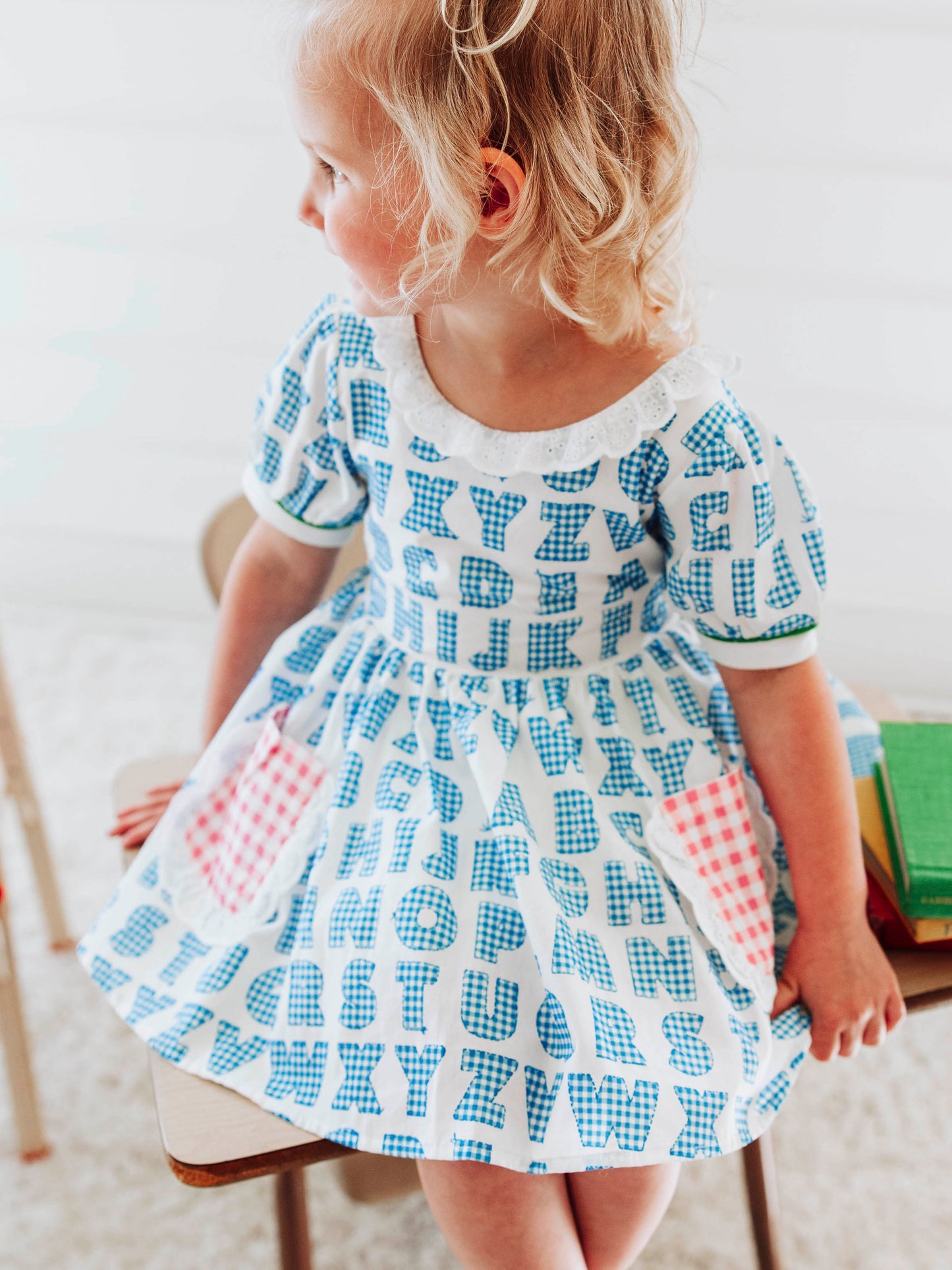 Ruffled Pocket Tunic Set - Alphabet Check Blue