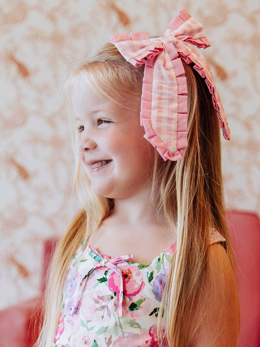Small Long Tail Bow - Pink Gingham