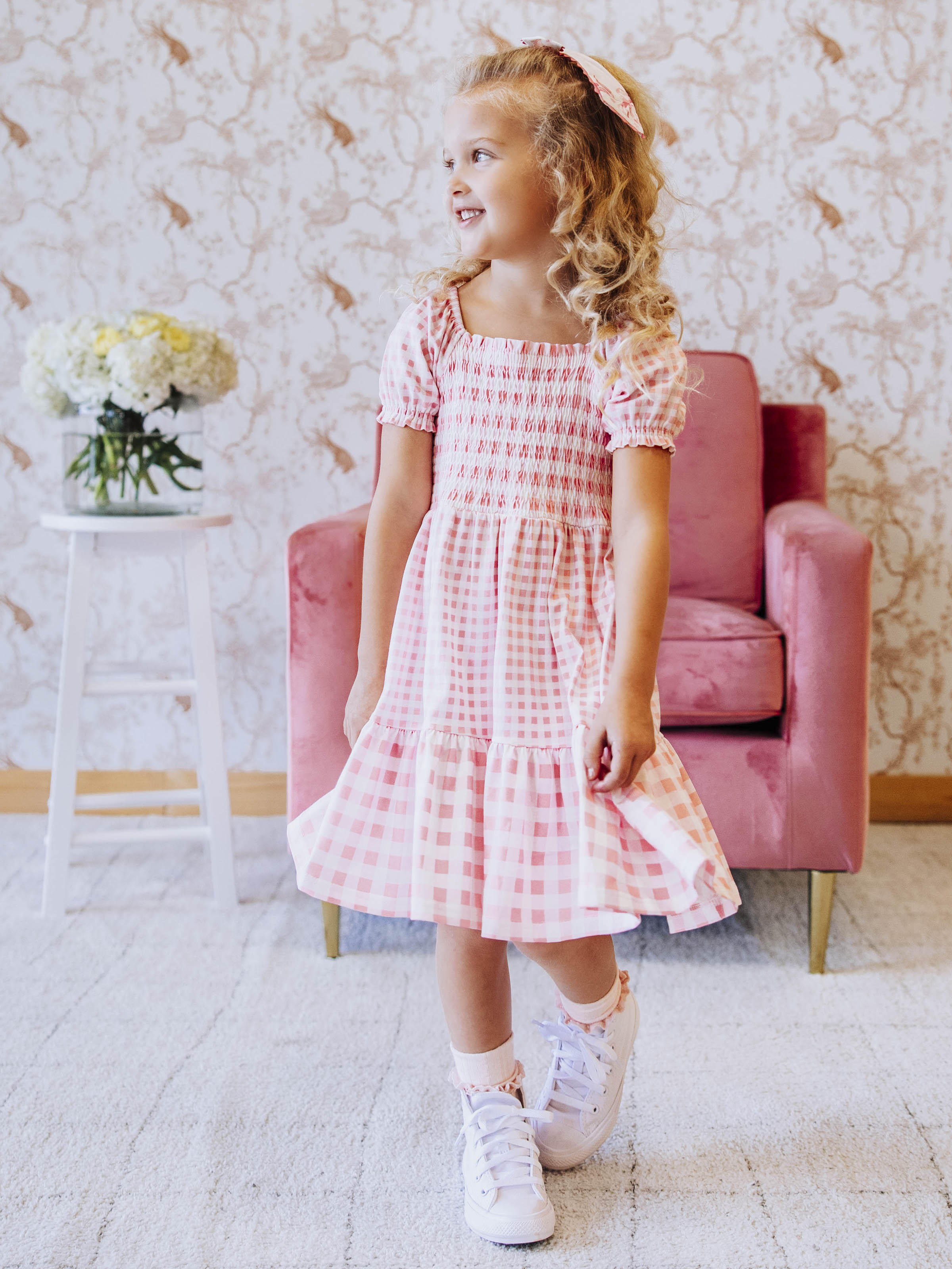 pink gingham dress puff sleeve THE EVERMORE DRESS IN PEACH GINGHAM BY PINK DESERT Medium