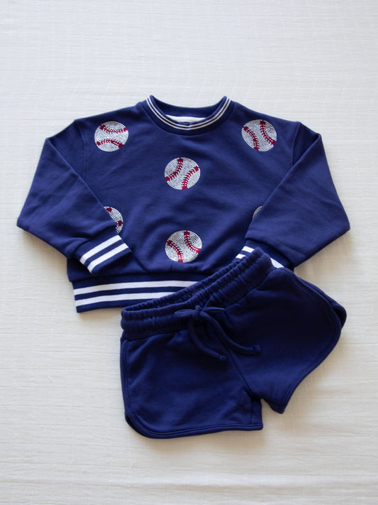 Sweat Short Set - Baseballs in Navy