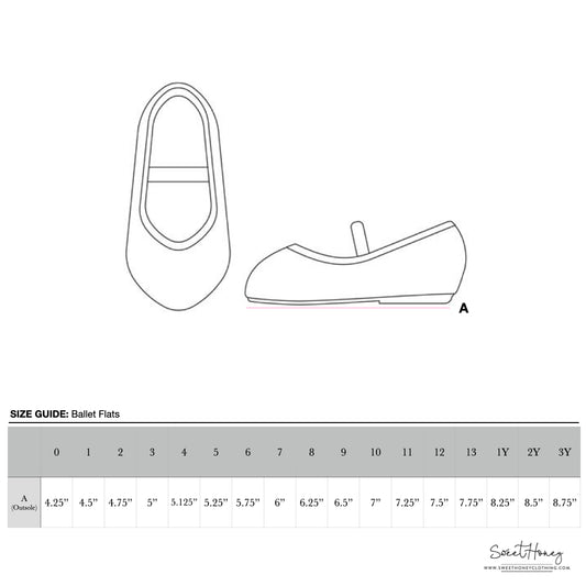 Size guide for leopard print ballet shoe.
Bottom outsole length: 0–4.25", 1–4.5", 2–4.75", 3–5", 4–5.125", 5–5.25", 6–5.75", 7–6", 8–6.25", 9–6.5", 10–7", 11–7.25", 12–7.5", 13–7.75", 1Y–8.25", 2Y–8.5", 3Y–8.75". Measurements are approximate (±1").
