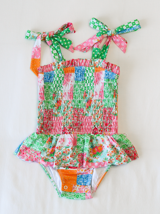 Smocked One Piece - Floral Patchwork