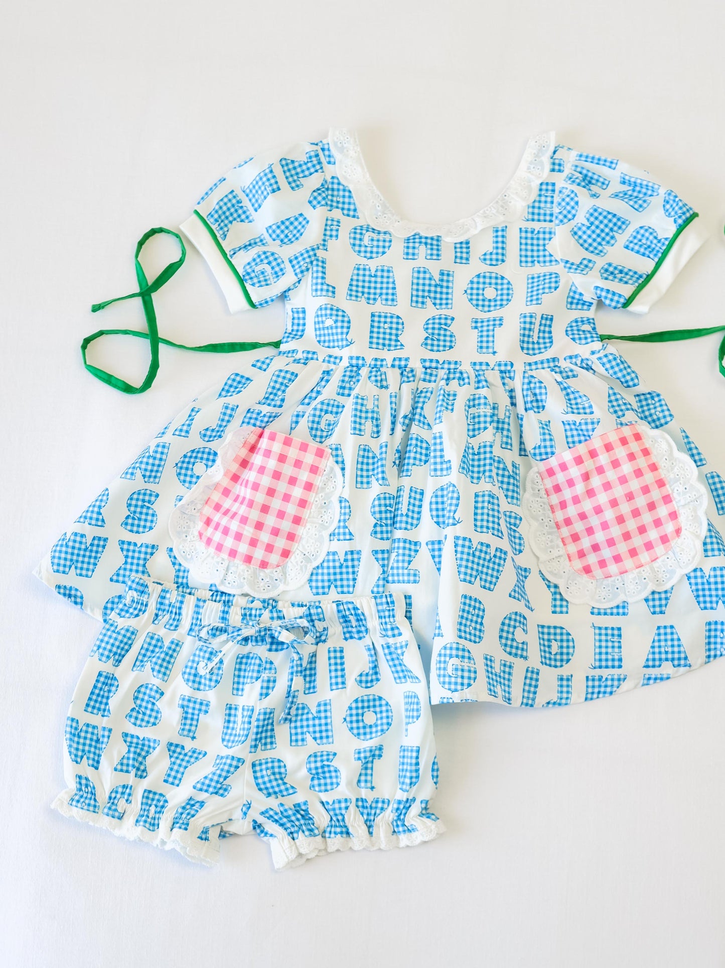 Ruffled Pocket Tunic Set - Alphabet Check Blue