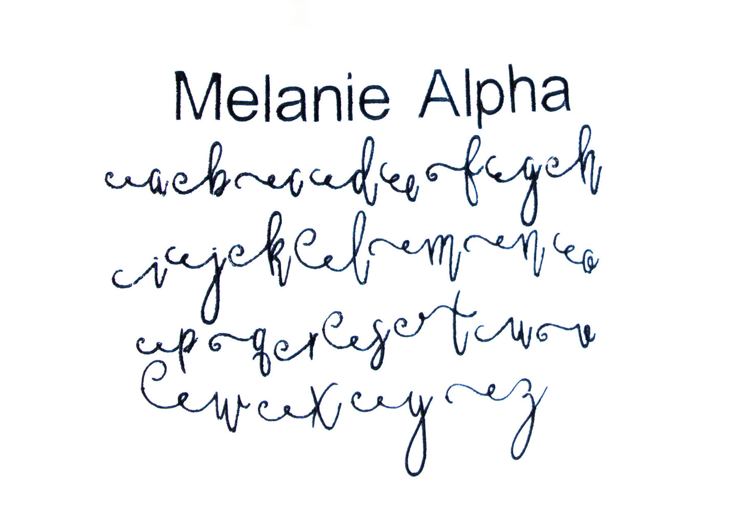 Font sheet for Melanie Alpha font showing letters A-Z.