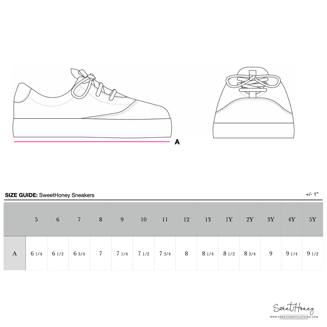 Size guide for red suede shoe with white canvas star on the side.
