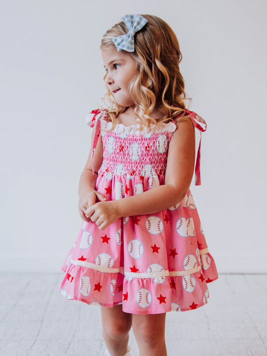 Audrey Smocked Dress - Allstar Baseball Pink