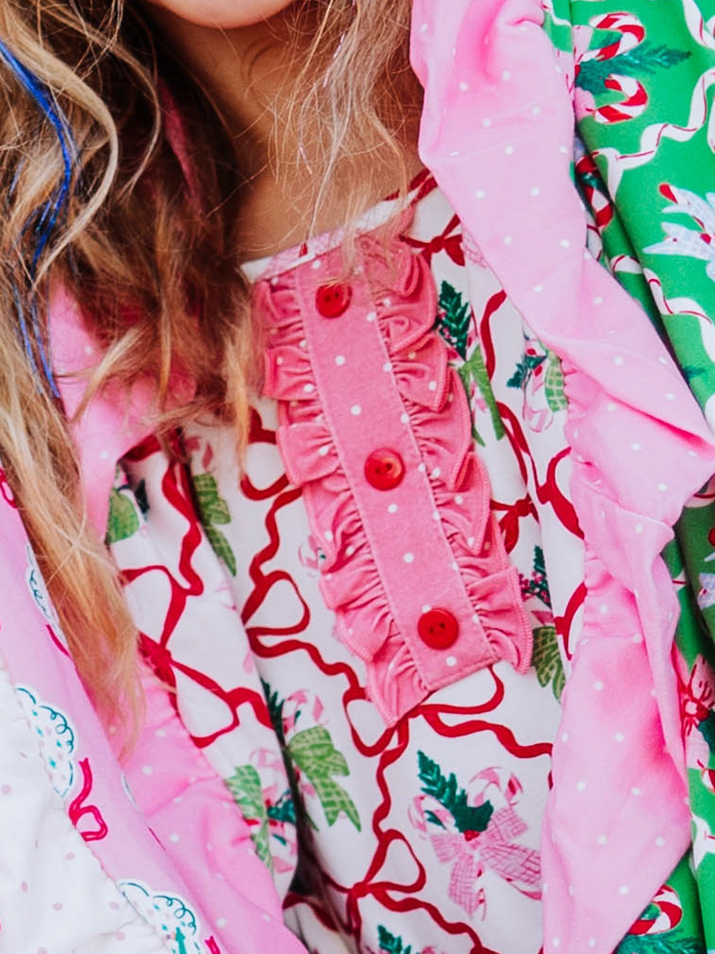 Close up of the button panel on colorful dress.