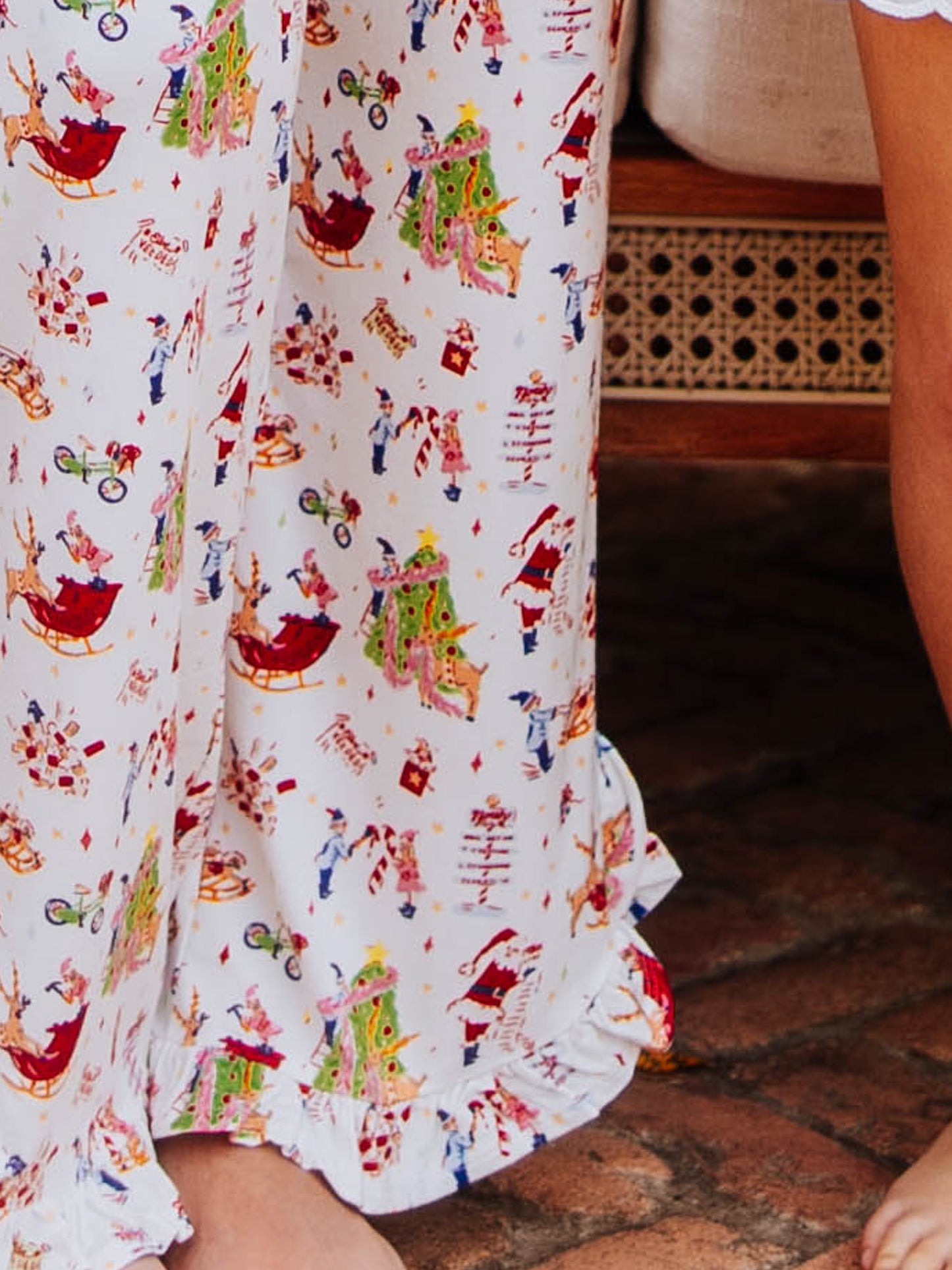 Detail shot of the norh pole print and the ruffles at the bottom of pant leg