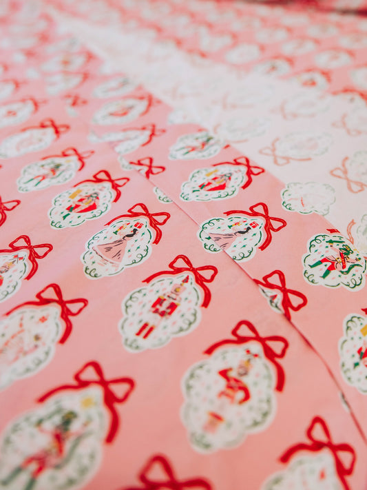 Up close picture of pink nutcracker print