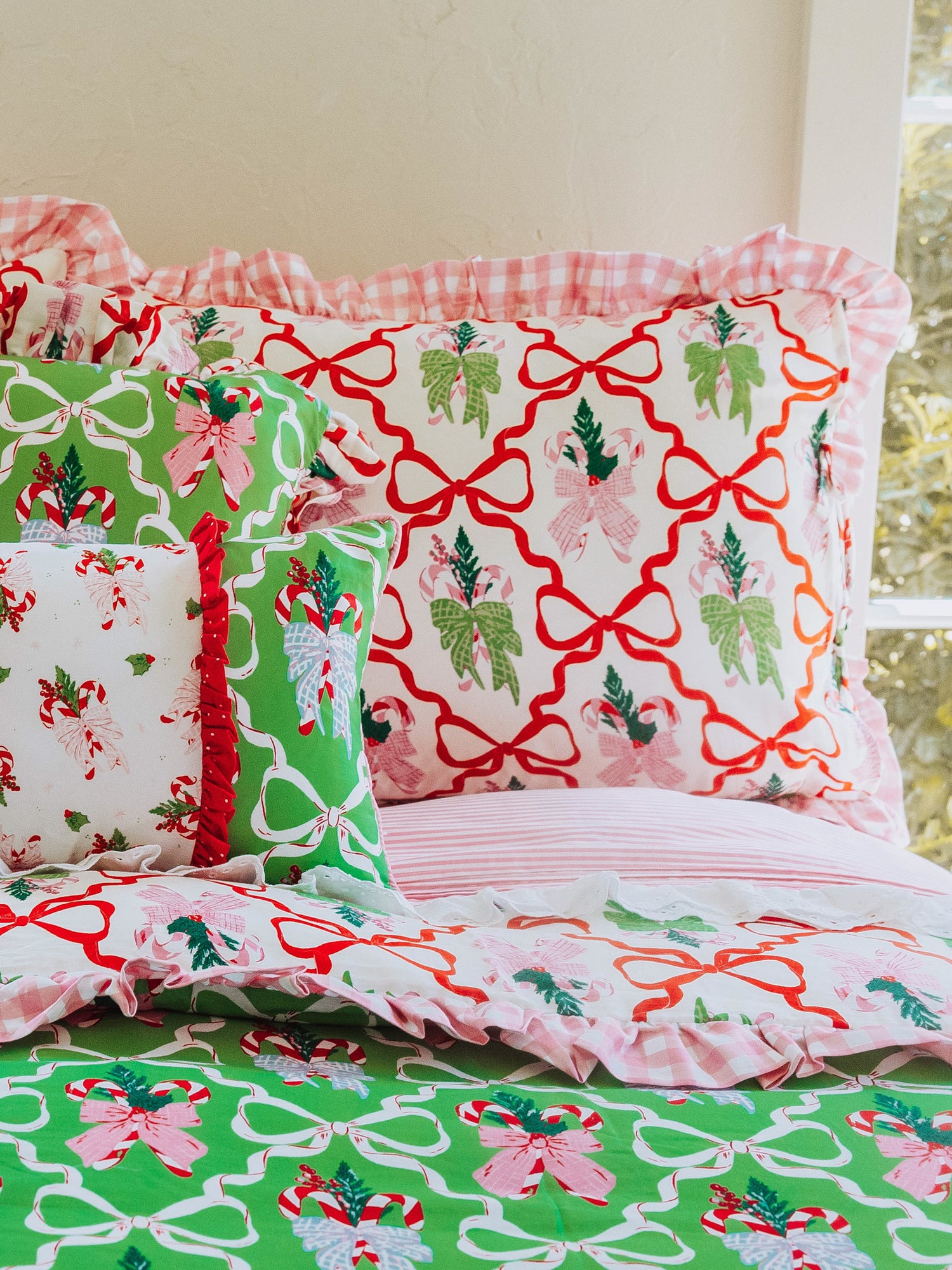 Christmas themed bedding in matching prints. 