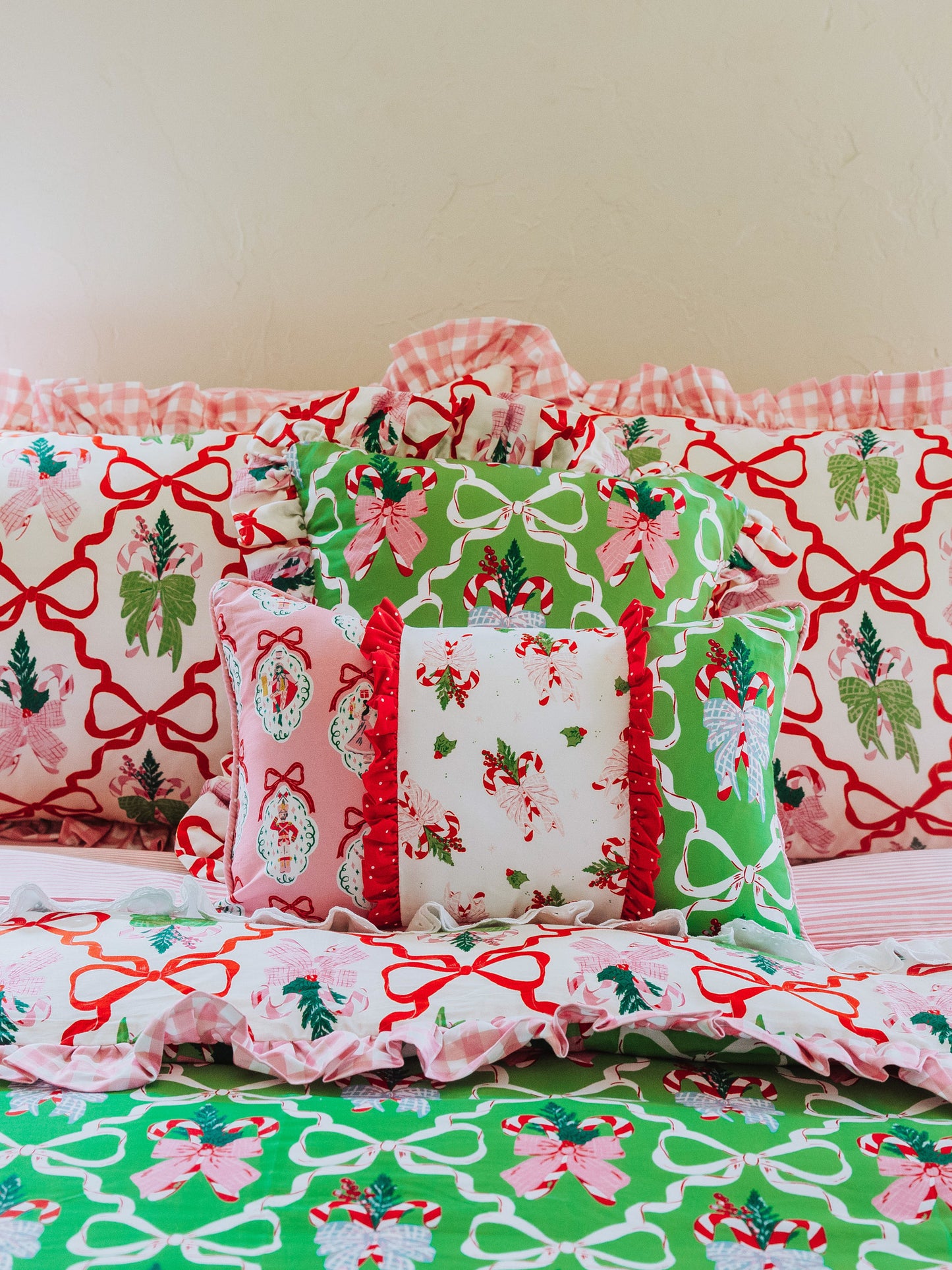 Holiday themed boudoir pillow with matching bedding all around. 