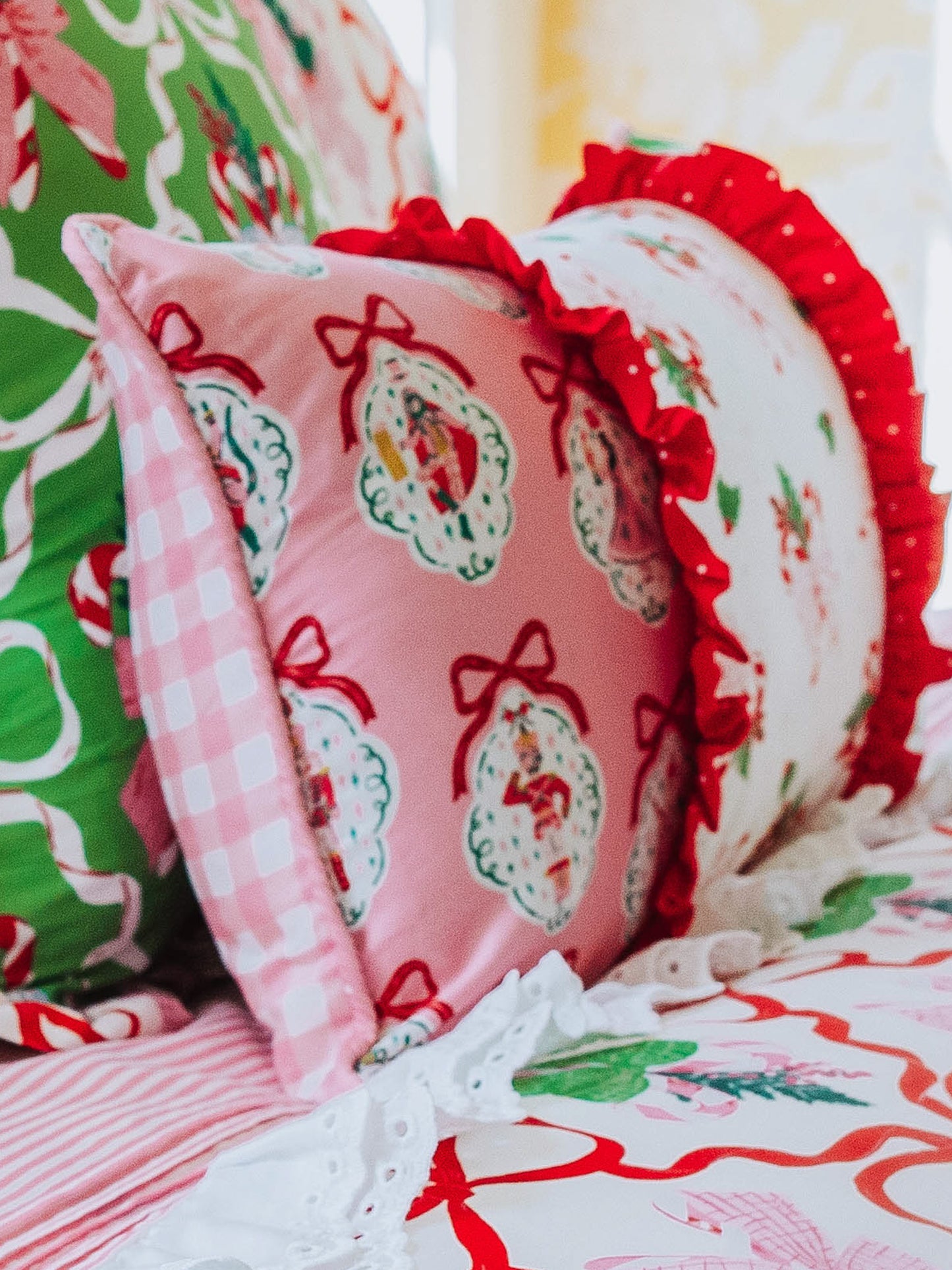 Holiday themed boudoir pillow with matching bedding all around. 