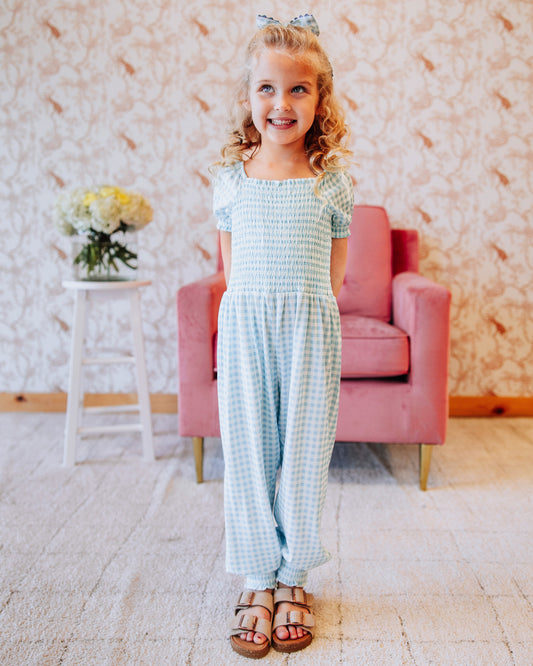 Smocked Romper - Blue Gingham